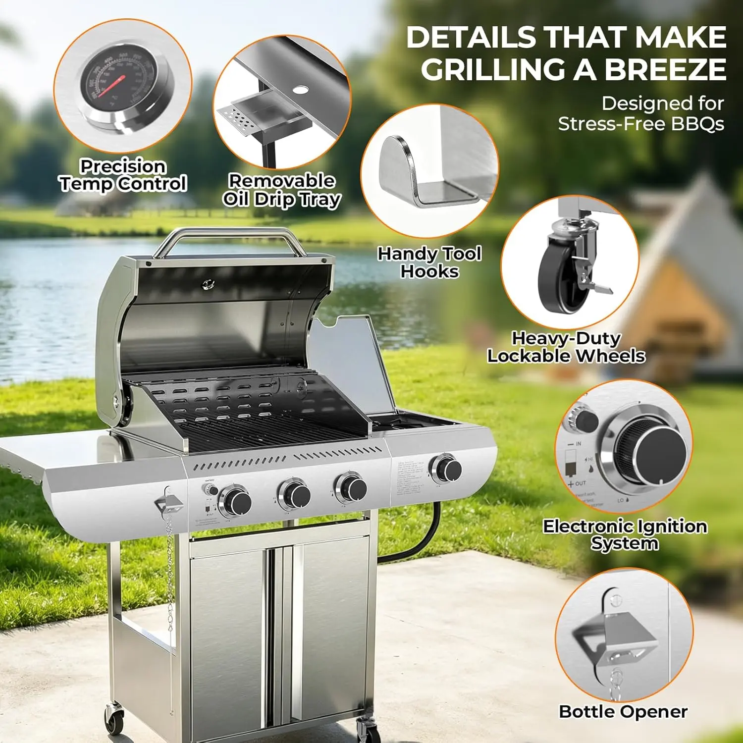 Barbacoa de gas propano de 3 quemadores con quemador lateral – 34.000 BTU