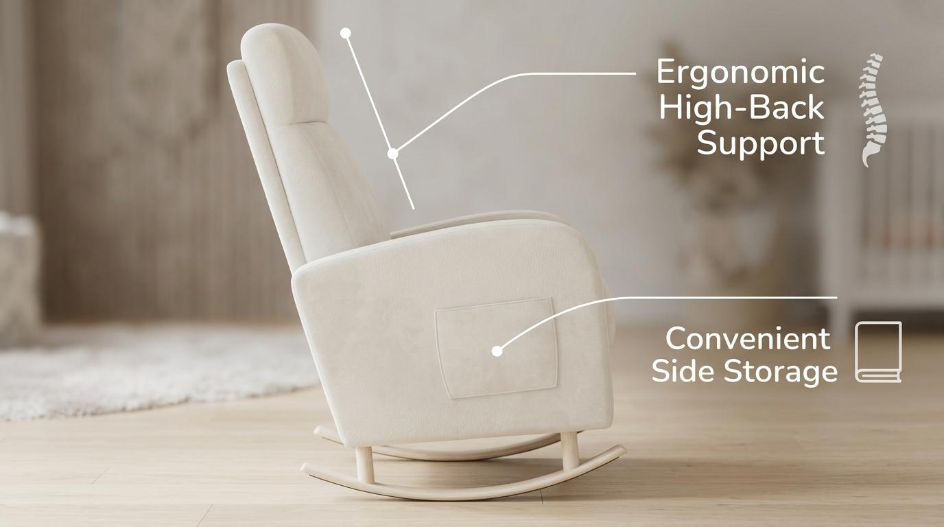 HIPIHOM Rocking Chair Nursery chair,Ergonomically Crafted Recliner, Plush White Fabric Upholstery. Perfect for Living Room, Home Office, Reading Sessions & Soothing Babies.