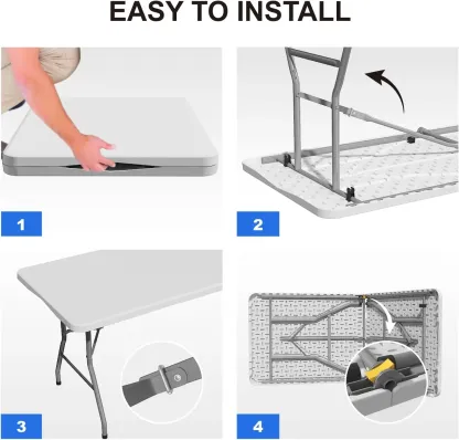 Mesa plegable ligera para exteriores de 1,8 metros (6 pies), mesa de plástico resistente plegable por la mitad con asa de transporte para uso en interiores y picnics.