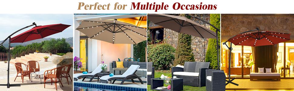 COSTWAY 10 FT 360&deg; Rotating Solar Powered Patio Umbrella, Offset Cantilever Outdoor Umbrella with 360 Degree Rotation, Easy Tilt Adjustment, Crank Handle & Cross Base for Pool Deck Garden Backyard,4th of july decor, dad gift