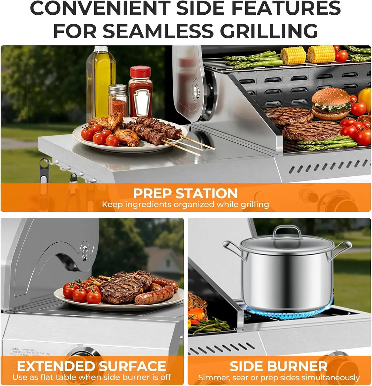 Barbacoa de gas propano de 3 quemadores con quemador lateral – 34.000 BTU