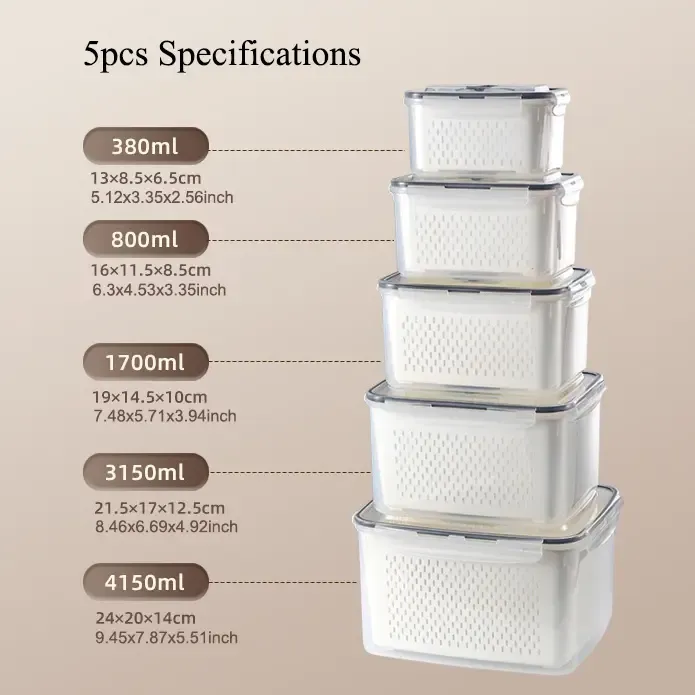 Organizadores de almacenamiento para refrigerador (juego de 3 o 5 piezas): Recipientes apilables de plástico transparente con colador extraíble; herméticos, aptos para lavavajillas y microondas; mantienen frescas por más tiempo las frutas y verduras.