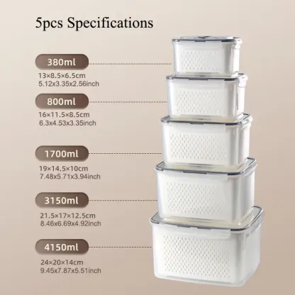 Organizadores de almacenamiento para refrigerador (juego de 3 o 5 piezas): Recipientes apilables de plástico transparente con colador extraíble; herméticos, aptos para lavavajillas y microondas; mantienen frescas por más tiempo las frutas y verduras.