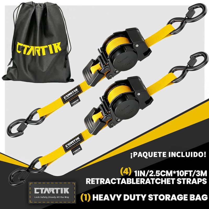 CTARTIK Juego de Correas de Amarre con Trinquete Retráctiles | 2,5cm x 3m | 1.764 lbs Resistencia | Autoajustables | Fijación Segura | Para Moto, Camión y Equipaje | Envío Gratis