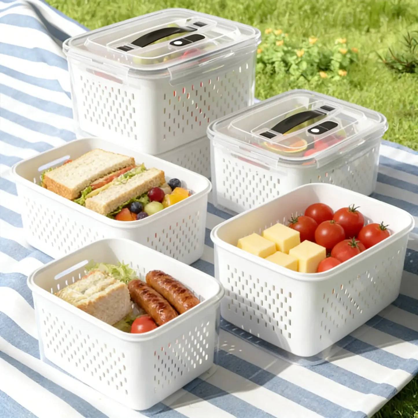 Organizadores de almacenamiento para refrigerador (juego de 3 o 5 piezas): Recipientes apilables de plástico transparente con colador extraíble; herméticos, aptos para lavavajillas y microondas; mantienen frescas por más tiempo las frutas y verduras.