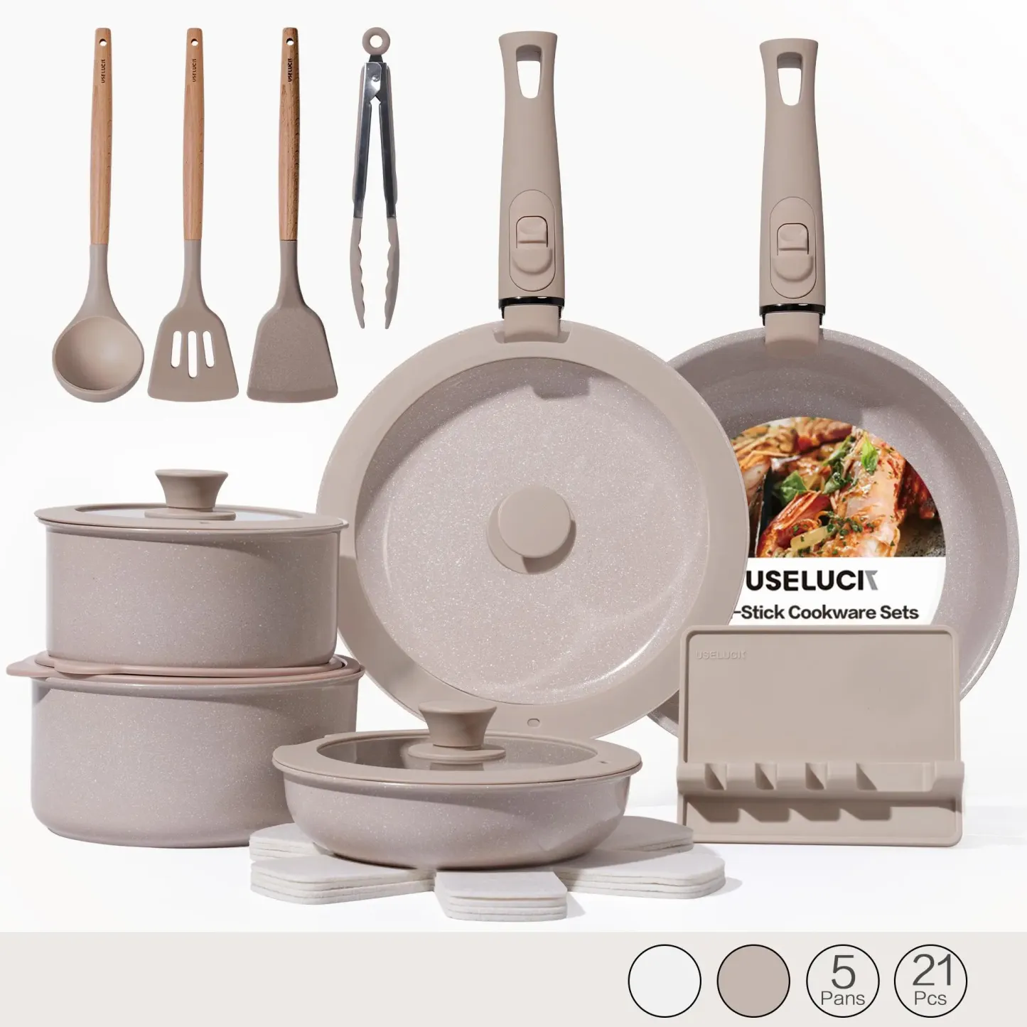 Juego de utensilios de cocina antiadherentes con mangos extraíbles