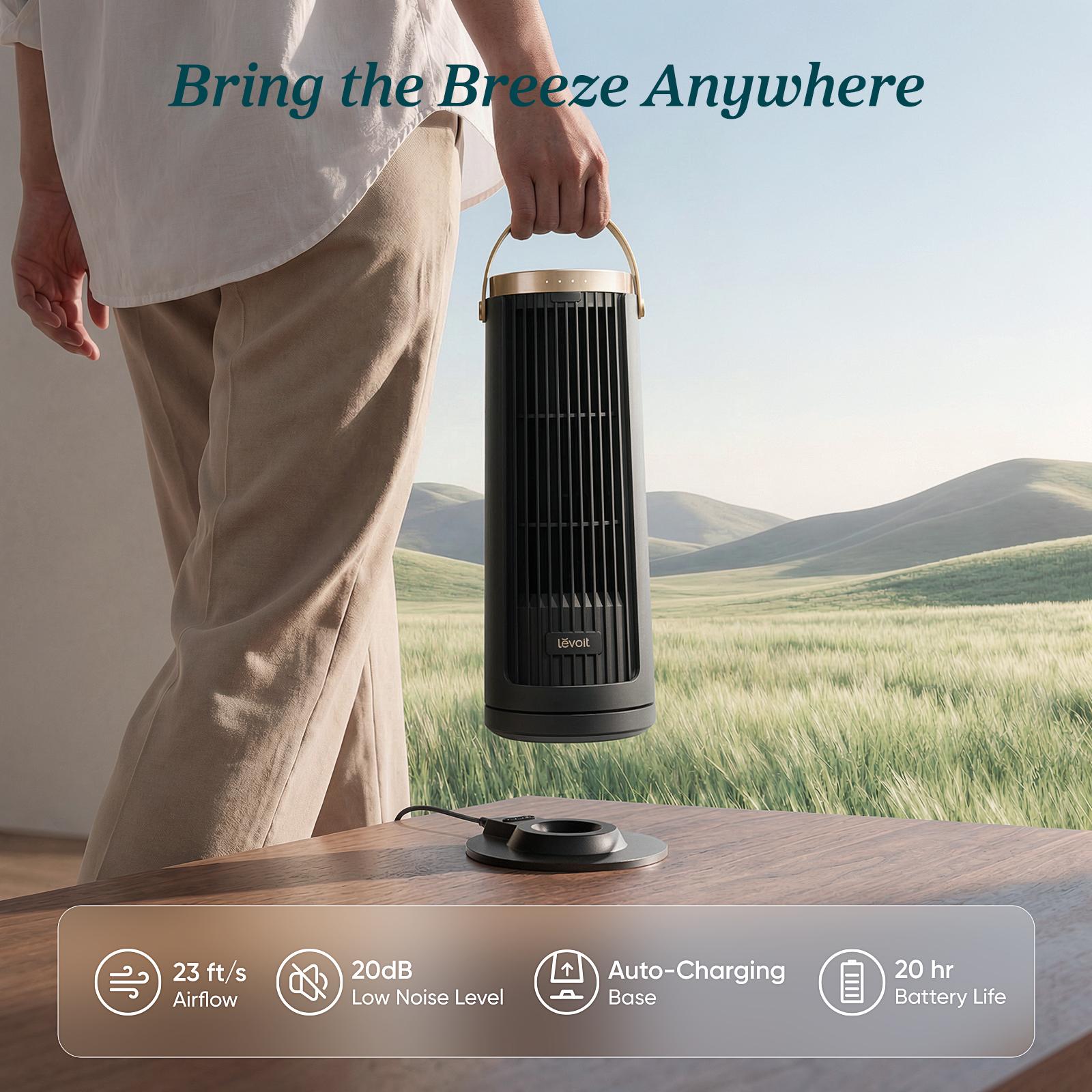 LEVOIT New Arrival Windi Tower Fan, Portable, Up to 20H Runtime, 5 Speeds + Turbo, 0&ndash;90&deg; Oscillation, 20dB Quiet DC Motor, 23 ft/s Airflow, Night Light, Foldable Charging Base, Timer 2/4/8/12H, Cooling Fan, Cordless Fan, SummerWins, DealsForYouDays