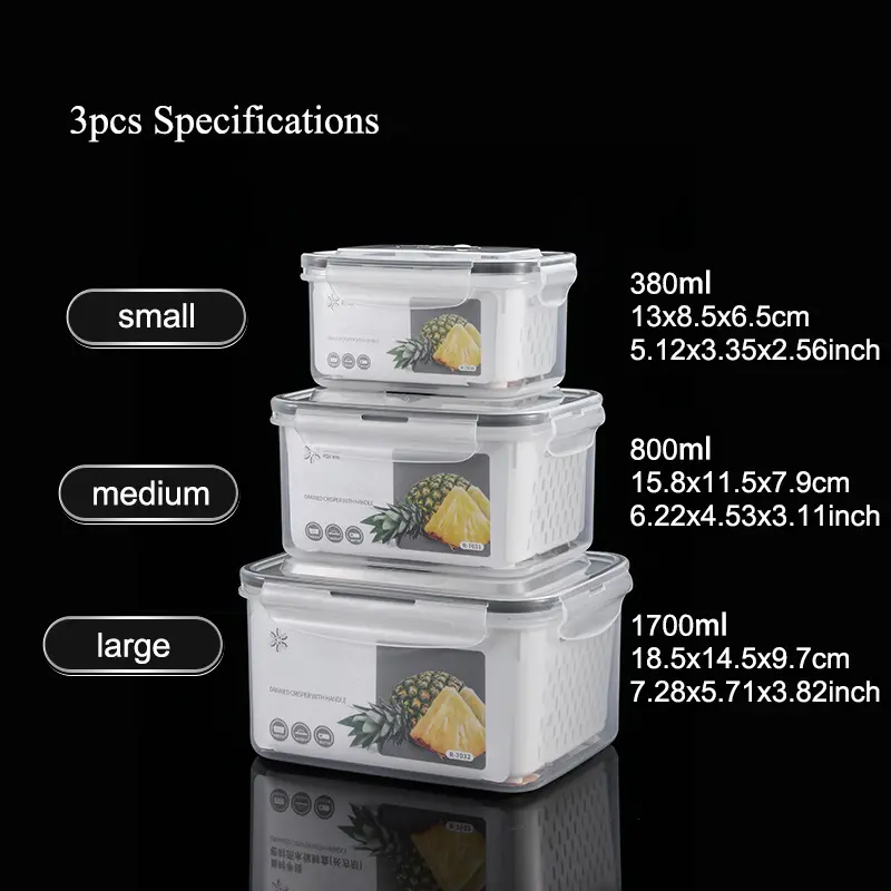 Organizadores de almacenamiento para refrigerador (juego de 3 o 5 piezas): Recipientes apilables de plástico transparente con colador extraíble; herméticos, aptos para lavavajillas y microondas; mantienen frescas por más tiempo las frutas y verduras.