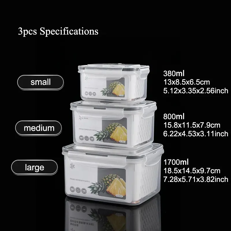 Organizadores de almacenamiento para refrigerador (juego de 3 o 5 piezas): Recipientes apilables de plástico transparente con colador extraíble; herméticos, aptos para lavavajillas y microondas; mantienen frescas por más tiempo las frutas y verduras.