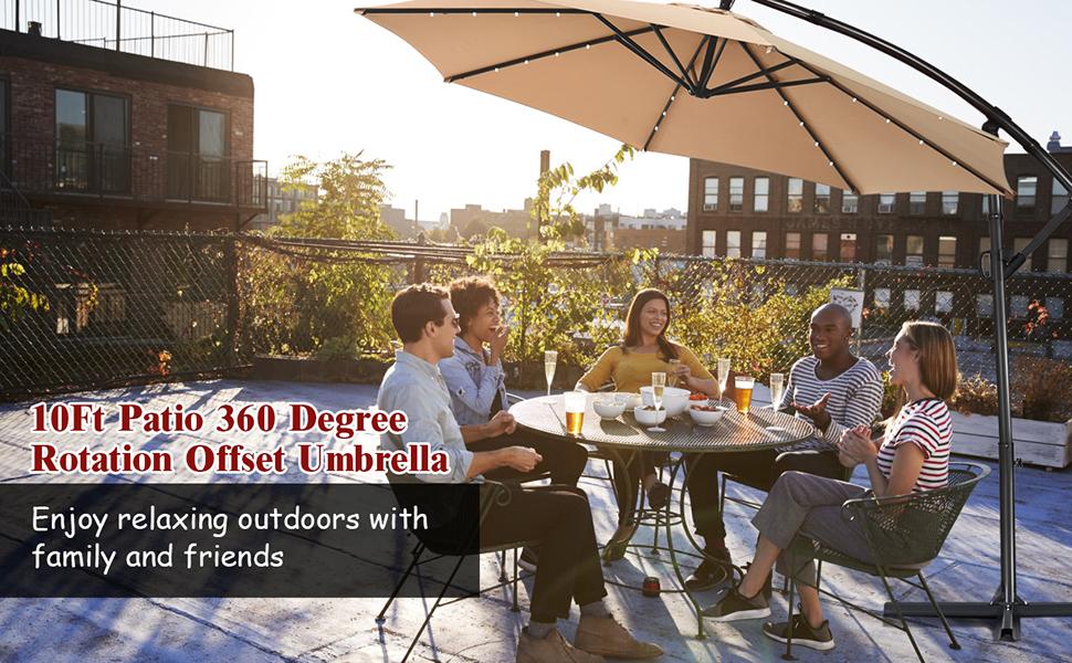 COSTWAY 10 FT 360&deg; Rotating Solar Powered Patio Umbrella, Offset Cantilever Outdoor Umbrella with 360 Degree Rotation, Easy Tilt Adjustment, Crank Handle & Cross Base for Pool Deck Garden Backyard,4th of july decor, dad gift