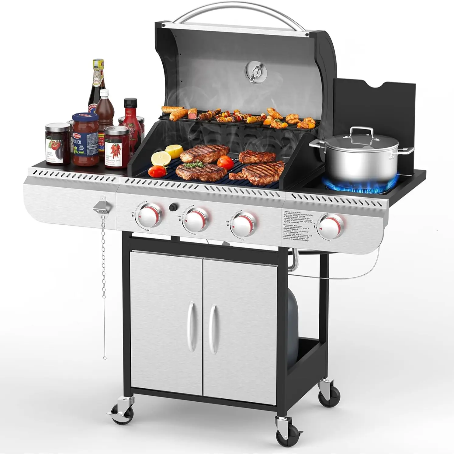 Barbacoa de gas propano de 3 quemadores con quemador lateral – 34.000 BTU