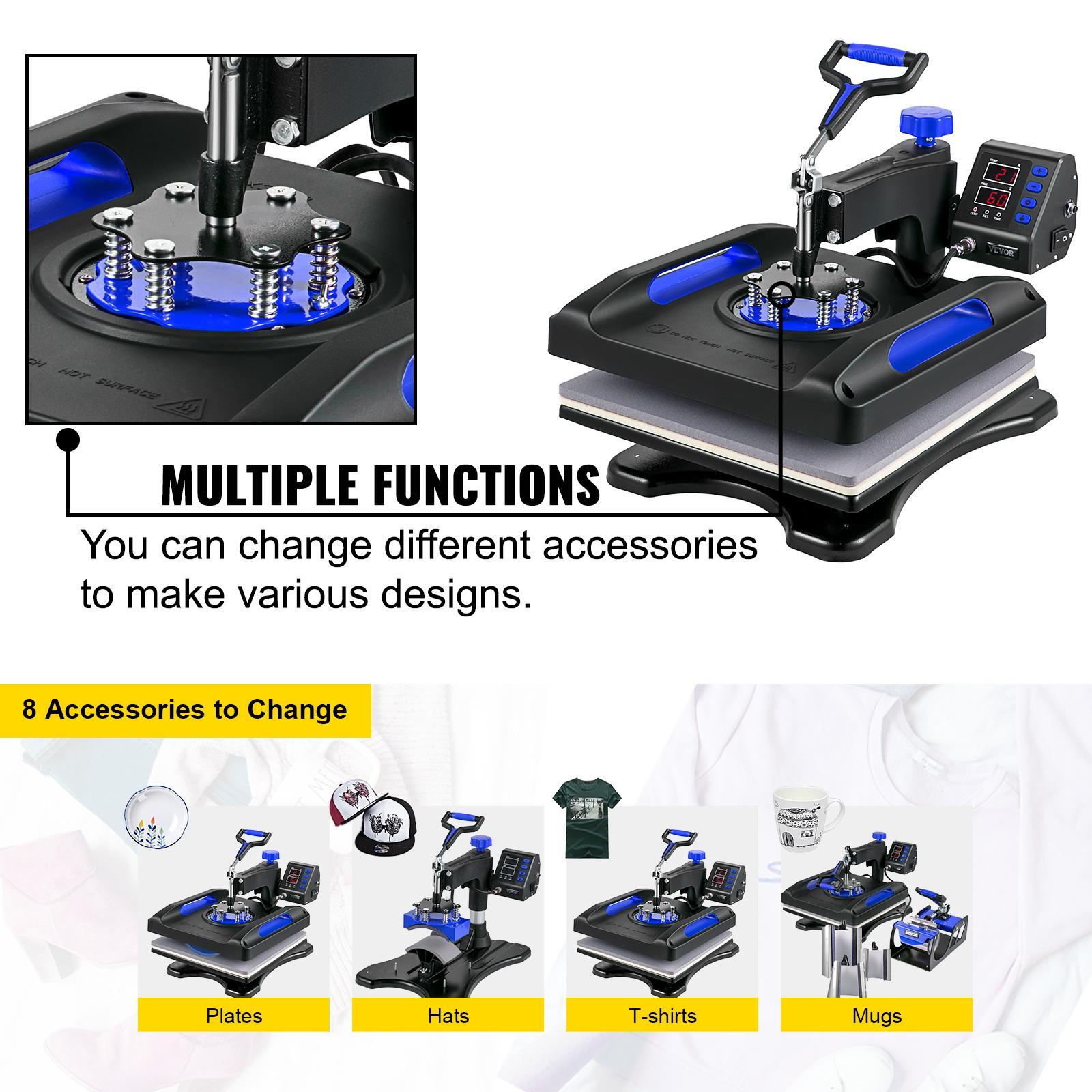 【Father's Day】VEVOR Heat Press Machine 15 x 15 Inch 8 in 1 Heat Press 800W Sublimation Machine 360&deg; Rotation Swing Away 8 in 1 Shirt Printing Machine Dual-Tube Heating for DIY T-Shirts Cap & Mugs Blue