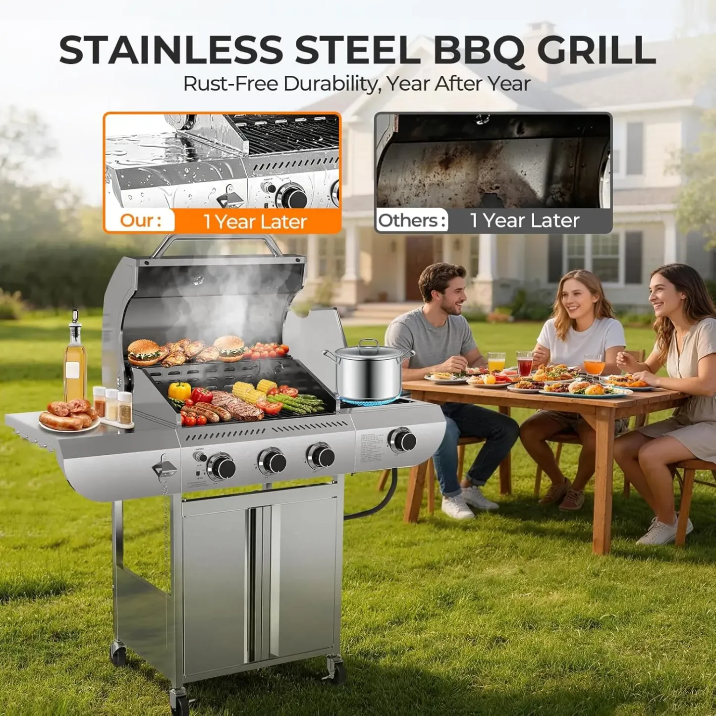 Barbacoa de gas propano de 3 quemadores con quemador lateral – 34.000 BTU