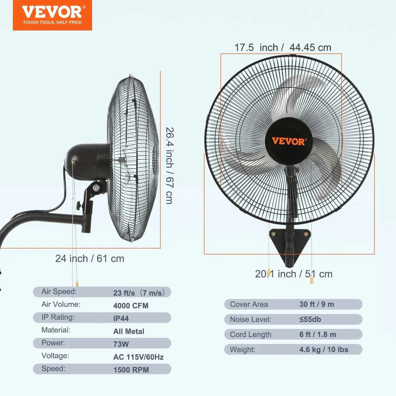 Ventilador de pared oscilante VEVOR de 20 pulgadas: alta velocidad, 4650 CFM