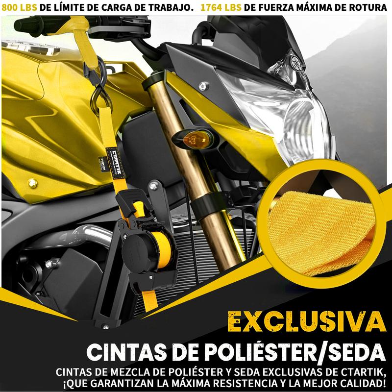 CTARTIK Juego de Correas de Amarre con Trinquete Retráctiles | 2,5cm x 3m | 1.764 lbs Resistencia | Autoajustables | Fijación Segura | Para Moto, Camión y Equipaje | Envío Gratis