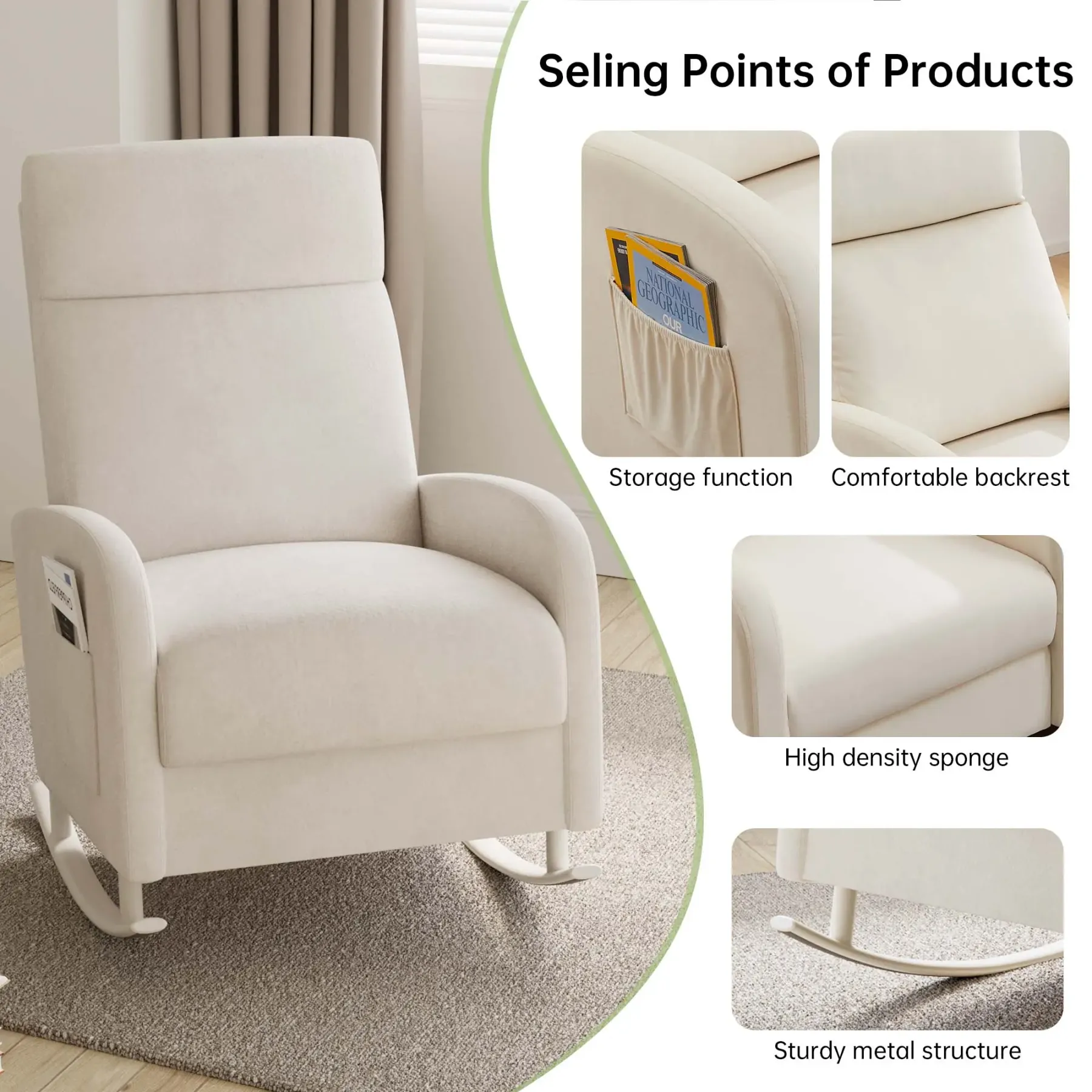 Mecedora ergonómica HIPIHOM: sillón reclinable blanco y mullido