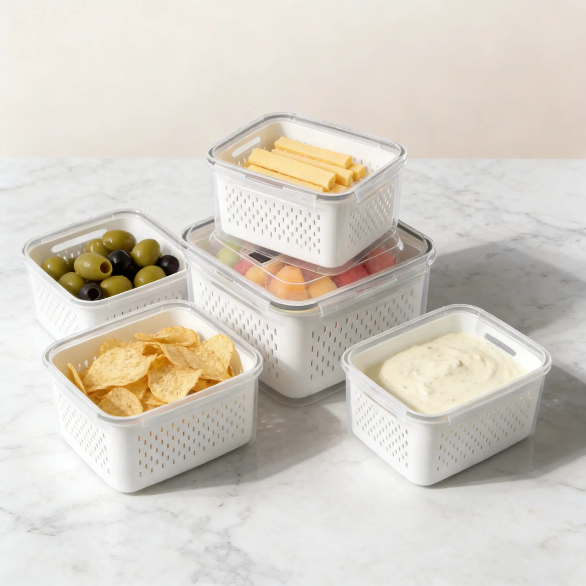 Organizadores de almacenamiento para refrigerador (juego de 3 o 5 piezas): Recipientes apilables de plástico transparente con colador extraíble; herméticos, aptos para lavavajillas y microondas; mantienen frescas por más tiempo las frutas y verduras.