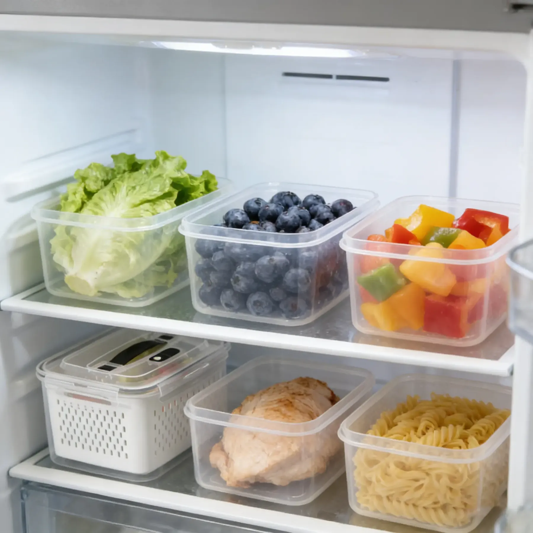 Organizadores de almacenamiento para refrigerador (juego de 3 o 5 piezas): Recipientes apilables de plástico transparente con colador extraíble; herméticos, aptos para lavavajillas y microondas; mantienen frescas por más tiempo las frutas y verduras.