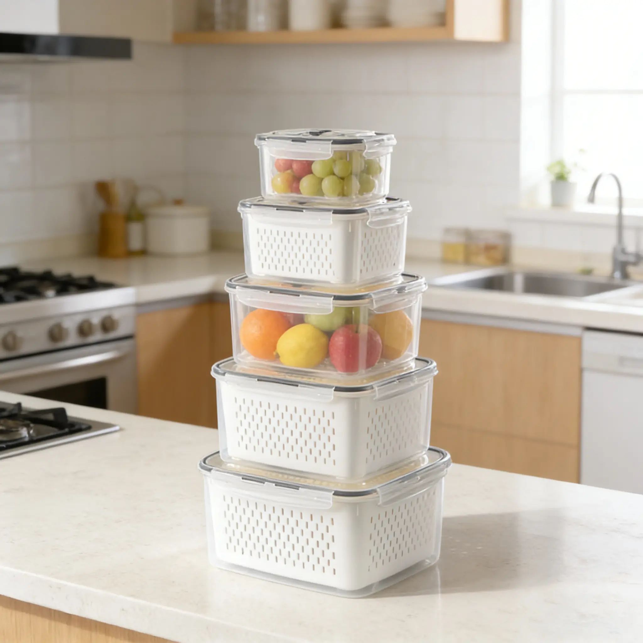Organizadores de almacenamiento para refrigerador (juego de 3 o 5 piezas): Recipientes apilables de plástico transparente con colador extraíble; herméticos, aptos para lavavajillas y microondas; mantienen frescas por más tiempo las frutas y verduras.
