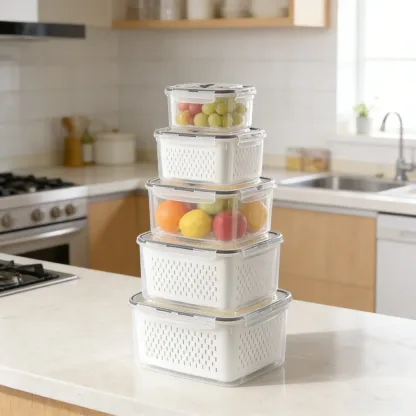 Organizadores de almacenamiento para refrigerador (juego de 3 o 5 piezas): Recipientes apilables de plástico transparente con colador extraíble; herméticos, aptos para lavavajillas y microondas; mantienen frescas por más tiempo las frutas y verduras.