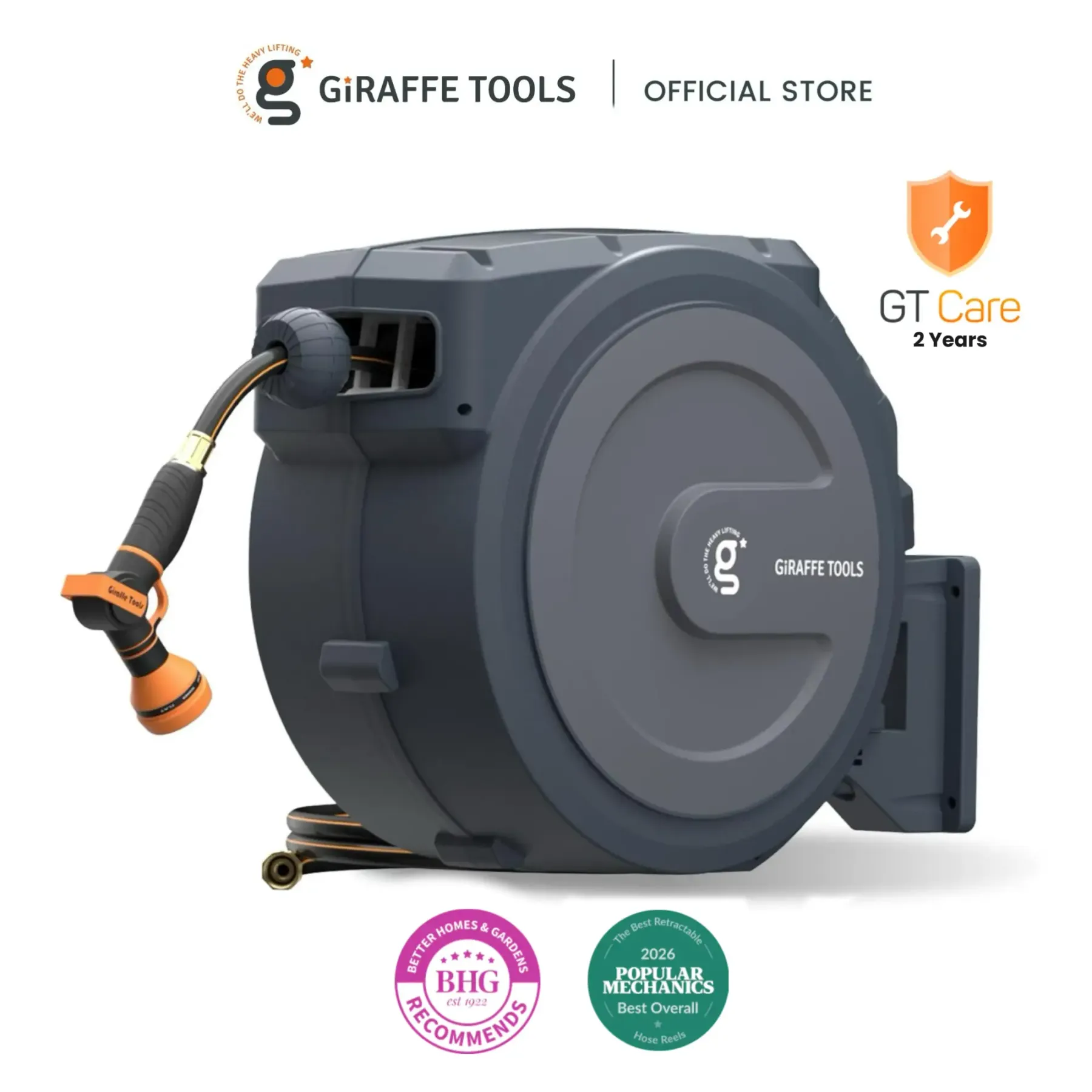Enrollador de manguera retráctil Giraffe Tools de 90 pies con diseño resistente a dobleces