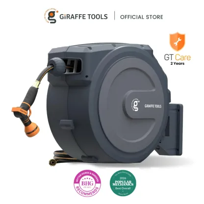 Enrollador de manguera retráctil Giraffe Tools de 90 pies con diseño resistente a dobleces