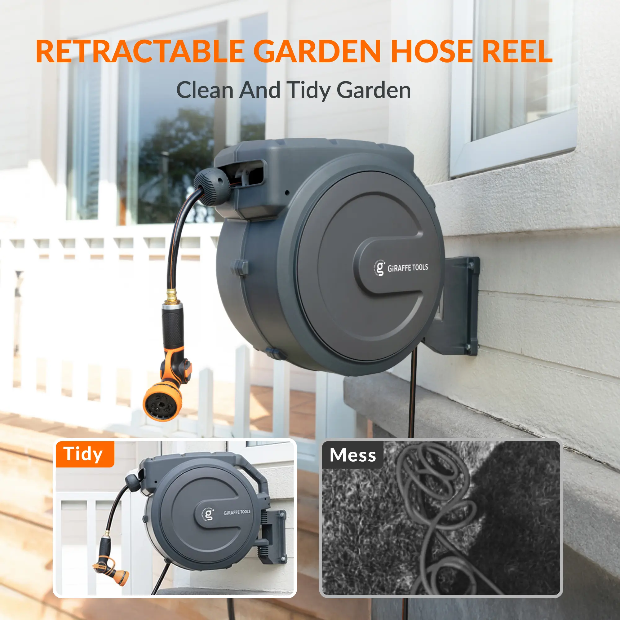 Enrollador de manguera retráctil Giraffe Tools de 90 pies con diseño resistente a dobleces