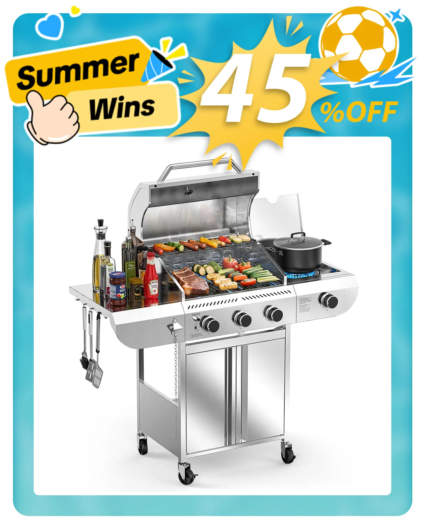 Barbacoa de gas propano de 3 quemadores con quemador lateral – 34.000 BTU