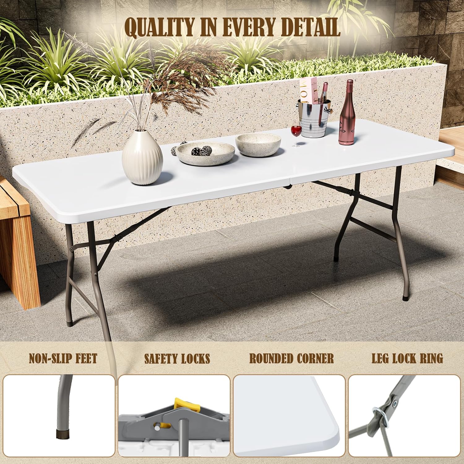 6FT Lightweight Outdoor Folding Table, Heavy-Duty Fold-in-Half Plastic Table with Carrying Handle for Indoor Dining, Picnic Use, Lightweight Outdoor Table