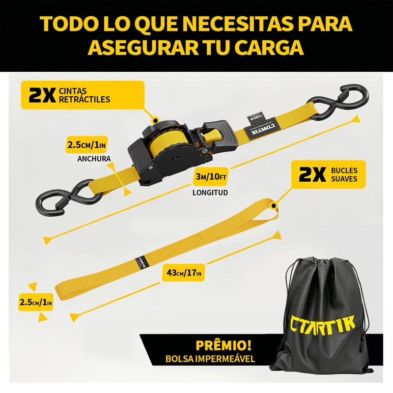 CTARTIK Juego de Correas de Amarre con Trinquete Retráctiles | 2,5cm x 3m | 1.764 lbs Resistencia | Autoajustables | Fijación Segura | Para Moto, Camión y Equipaje | Envío Gratis