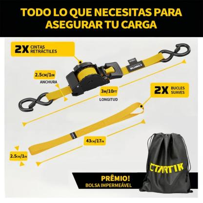 CTARTIK Juego de Correas de Amarre con Trinquete Retráctiles | 2,5cm x 3m | 1.764 lbs Resistencia | Autoajustables | Fijación Segura | Para Moto, Camión y Equipaje | Envío Gratis