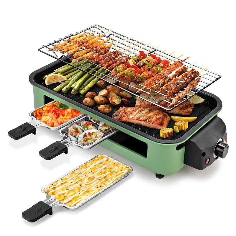 Parrilla Eléctrica Pukomc 1500W sin Humo para Interior, Diseño Extra Largo, Placas Antiadherentes Desmontables, Control de Temperatura y 4 Mini Sartenes Raclette, Fácil de Limpiar