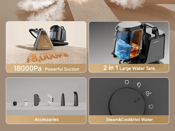 UWANT Steam Carpet Cleaner with 212&deg;F Steam & 140&deg;F Hot Water Mode, 18kPa Suction Upholstery Spot Cleaner for Car，Couch, Mattress, Pet Stains & Professional Deep Cleaning