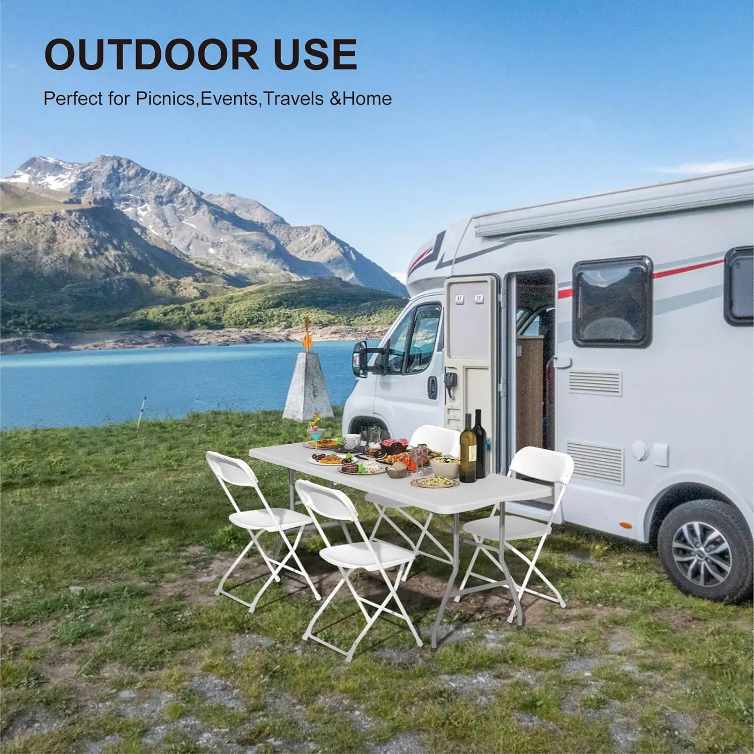 Mesa plegable ligera para exteriores de 1,8 metros (6 pies), mesa de plástico resistente plegable por la mitad con asa de transporte para uso en interiores y picnics.