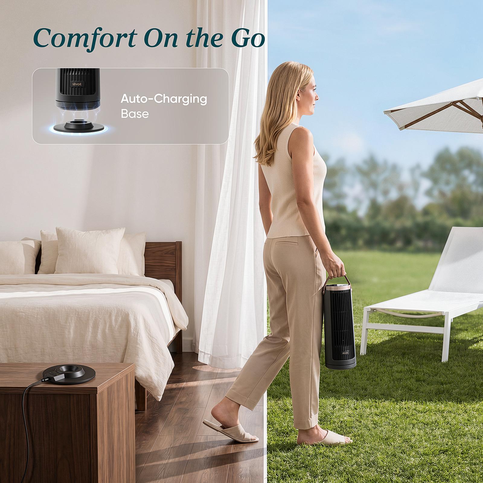 LEVOIT New Arrival Windi Tower Fan, Portable, Up to 20H Runtime, 5 Speeds + Turbo, 0&ndash;90&deg; Oscillation, 20dB Quiet DC Motor, 23 ft/s Airflow, Night Light, Foldable Charging Base, Timer 2/4/8/12H, Cooling Fan, Cordless Fan, SummerWins, DealsForYouDays