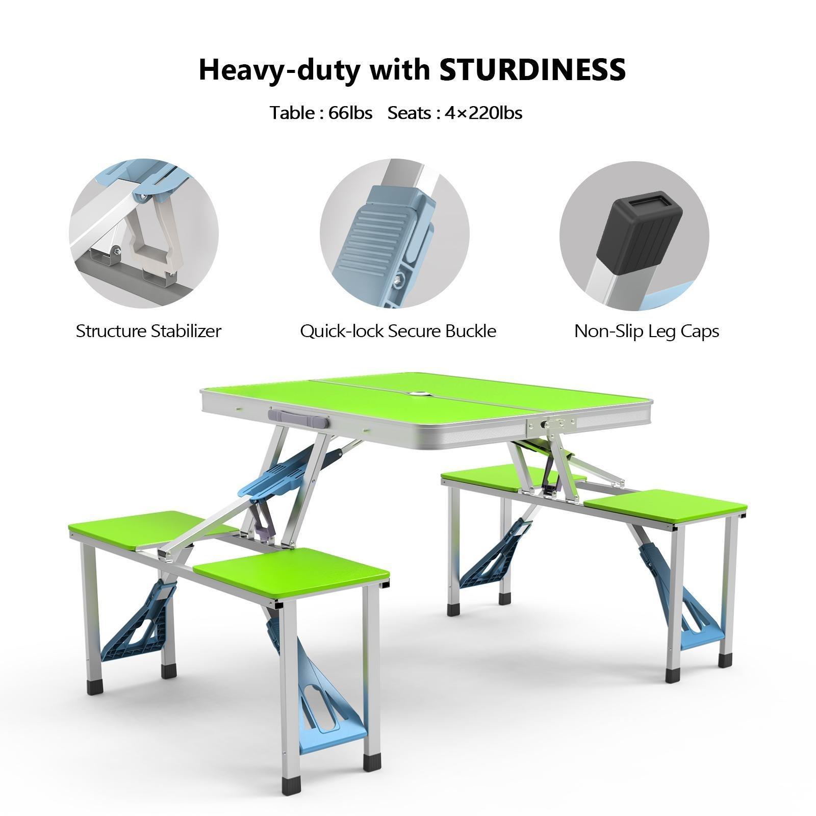 【Summervibes】Ubesgoo 4Ft Portable Folding Picnic Table Camping Table Foldable Set with 4 Seats with Umbrella Hole Suitcase Card Table-220 Lbs Support Aluminum Frame, Plastic RV Tabletop for Yard, Travel