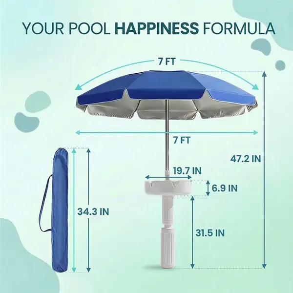 Sombrilla flotante para piscina con barra y base; sombrilla portátil con mesa, portavasos y soporte para teléfono; sombra flotante para piscina; incluye bolsa de transporte; ideal para el interior de la piscina, zona de baño, casa en el lago o playa.