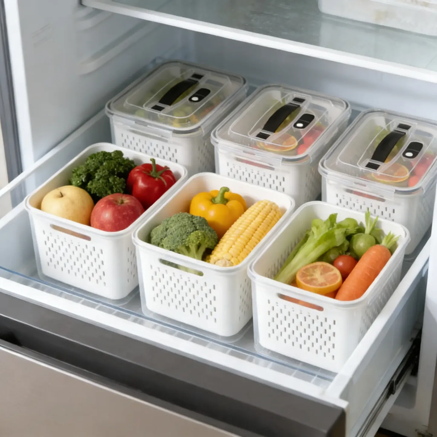 Organizadores de almacenamiento para refrigerador (juego de 3 o 5 piezas): Recipientes apilables de plástico transparente con colador extraíble; herméticos, aptos para lavavajillas y microondas; mantienen frescas por más tiempo las frutas y verduras.