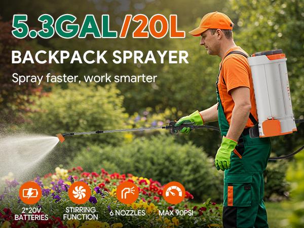 5.3 Gallon Battery Powered Backpack Sprayer, 2 * 20V Large Capacity Battery & 45-90PSI Adjustable Pressure, Electric Backpack Garden Sprayer with 6 Spray Nozzles for Lawn, Garden, Yard