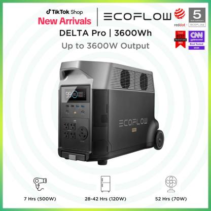EcoFlow DELTA Pro Estación de Energía Portátil 3600Wh, Potencia de 3600W, Carga Rápida en 2.7H, Batería LFP 120V, 5 Tomas AC y Capacidad Expandible para Hogar, Camping y Emergencias