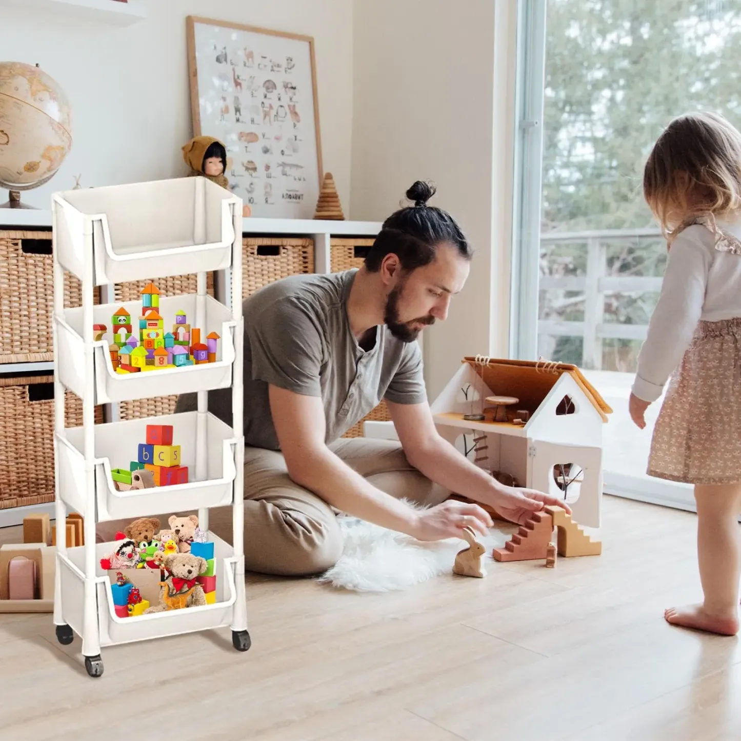 Carrito Organizador Multifuncional con Ruedas, Estante de Plástico de Varias Capas para Cocina, Baño, Recámara y Sala, Fácil de Instalar, con Soporte Ajustable y Accesorios para Almacenamiento