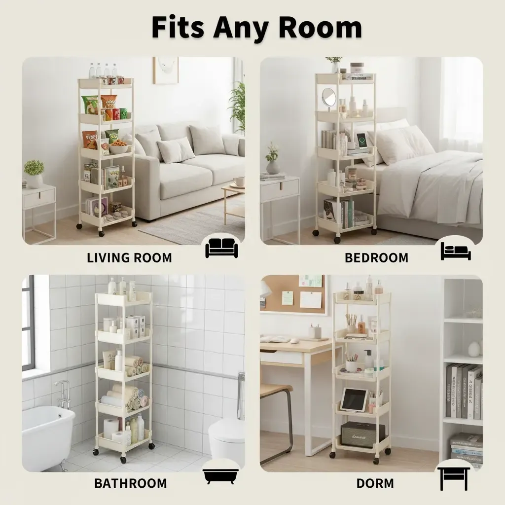 Carrito Organizador Multifuncional con Ruedas, Estante de Plástico de Varias Capas para Cocina, Baño, Recámara y Sala, Fácil de Instalar, con Soporte Ajustable y Accesorios para Almacenamiento