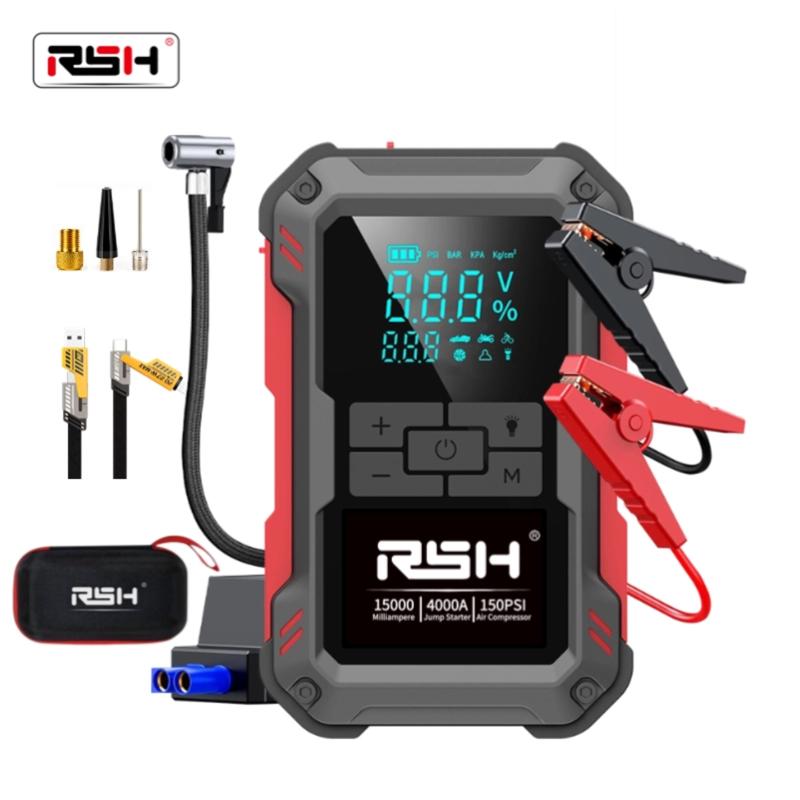 Arrancador de Batería 15000mAh para Autos 12V con Compresor de Aire 150 PSI, Carga Rápida 18W, Medidor de Presión y Luz LED, Incluye Cables de Arranque y Accesorios de Carga