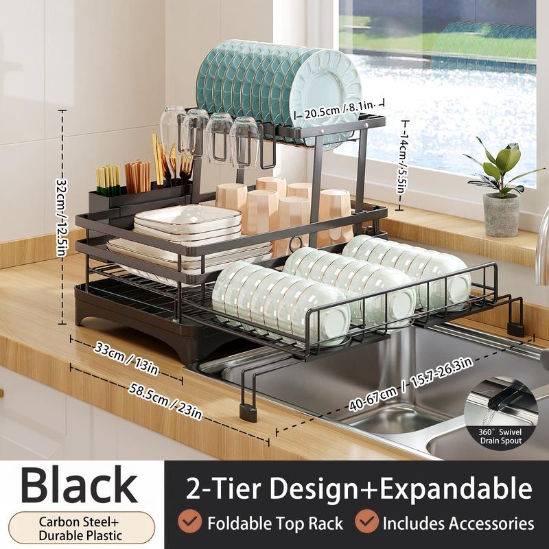 Escurreplatos Plegable de 2 Niveles para Fregadero con Porta Cubiertos – Organizador de Cocina Ahorra Espacio, Ideal para Cocinas Pequeñas, Acero Inoxidable y Plástico Resistente