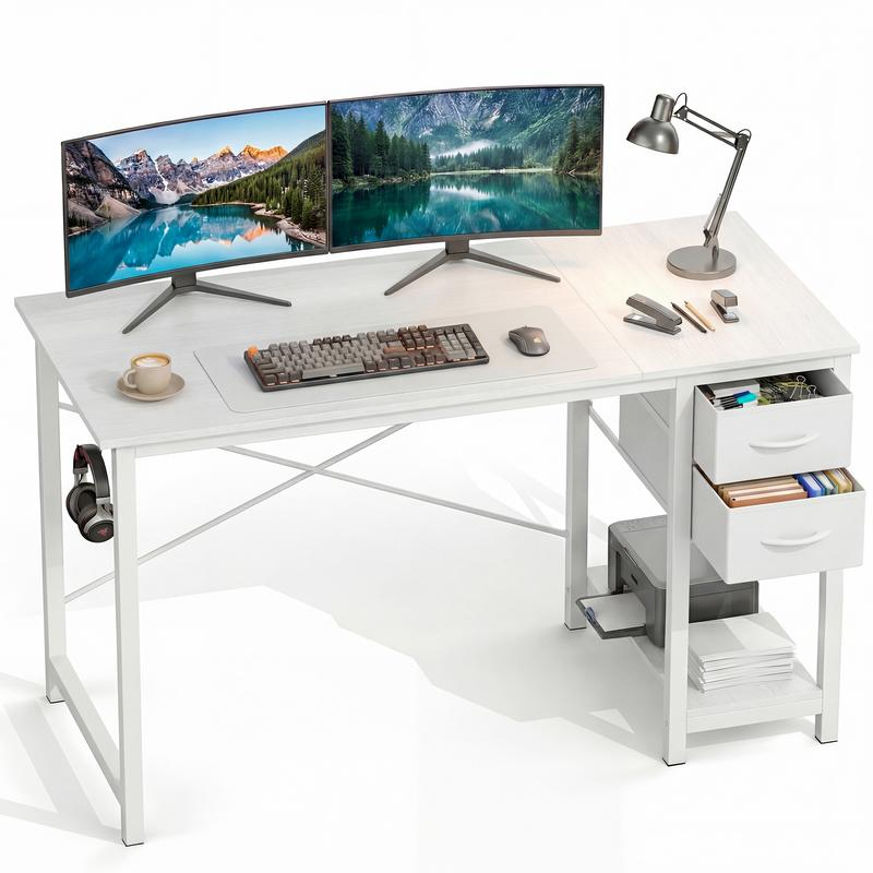 Sweetcrispy Escritorio de Computadora – Mueble de Oficina en Casa con Cajones de Almacenamiento, Refuerzo en X, Estructura de Metal Resistente, Gancho Lateral, Ideal para Estudio Moderno