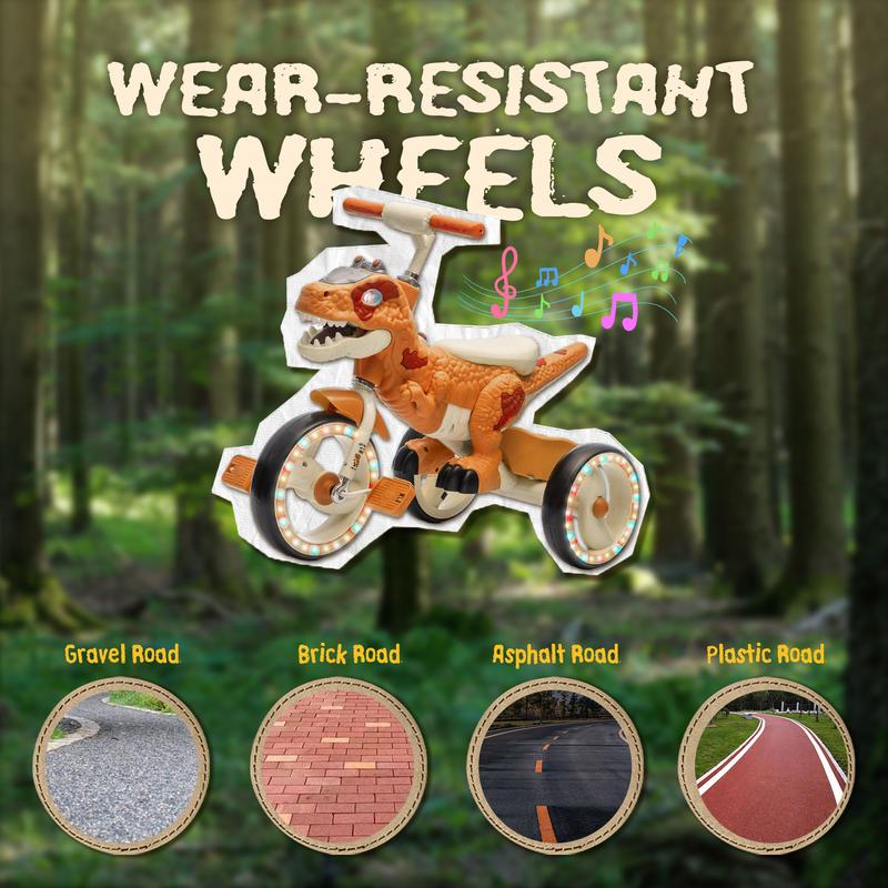 Triciclo Dinosaurio de 3 Ruedas para Niños – Ruedas Anchas con Luces, Diseño Estable, Canasta Trasera, Música y Luces Integradas, Ideal para Niños de 3 a 6 Años