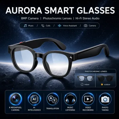 Gafas inteligentes con cámara e IA, lentes fotocromáticas con protección UV de 8 MP, traducción en tiempo real a más de 160 idiomas, audio Bluetooth, captura de fotos y vídeos con manos libres, control táctil; ideales para viajes, actividades al aire libr