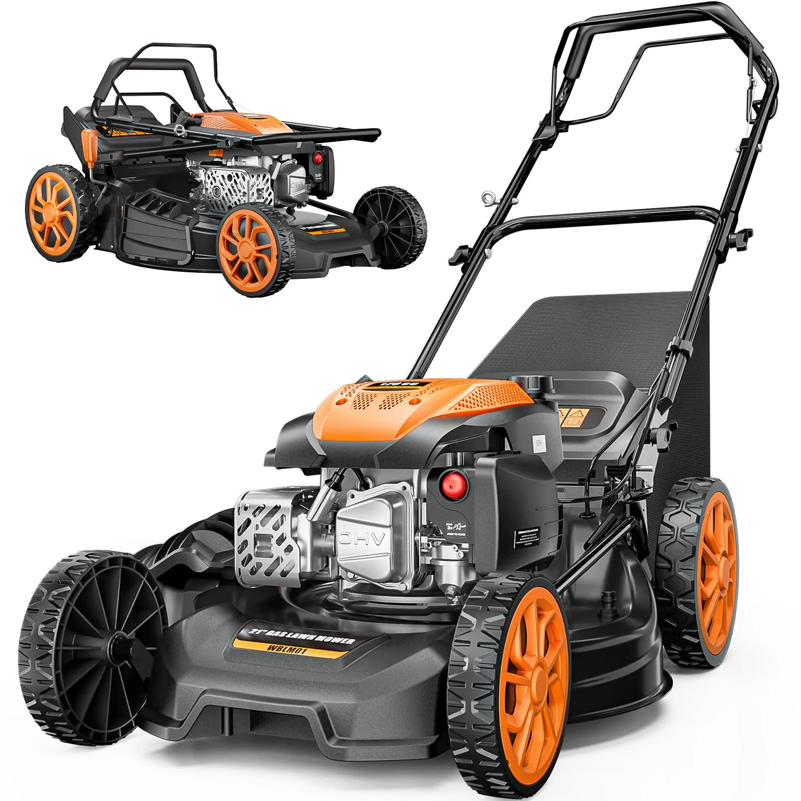 Cortacésped de gasolina autopropulsado de 21 pulgadas, motor de 170 cc, sistema 4 en 1 (mulching, bolsa trasera, descarga lateral y descarga trasera), cortacésped de empuje con 7 posiciones de altura de corte y diseño plegable para jardín.