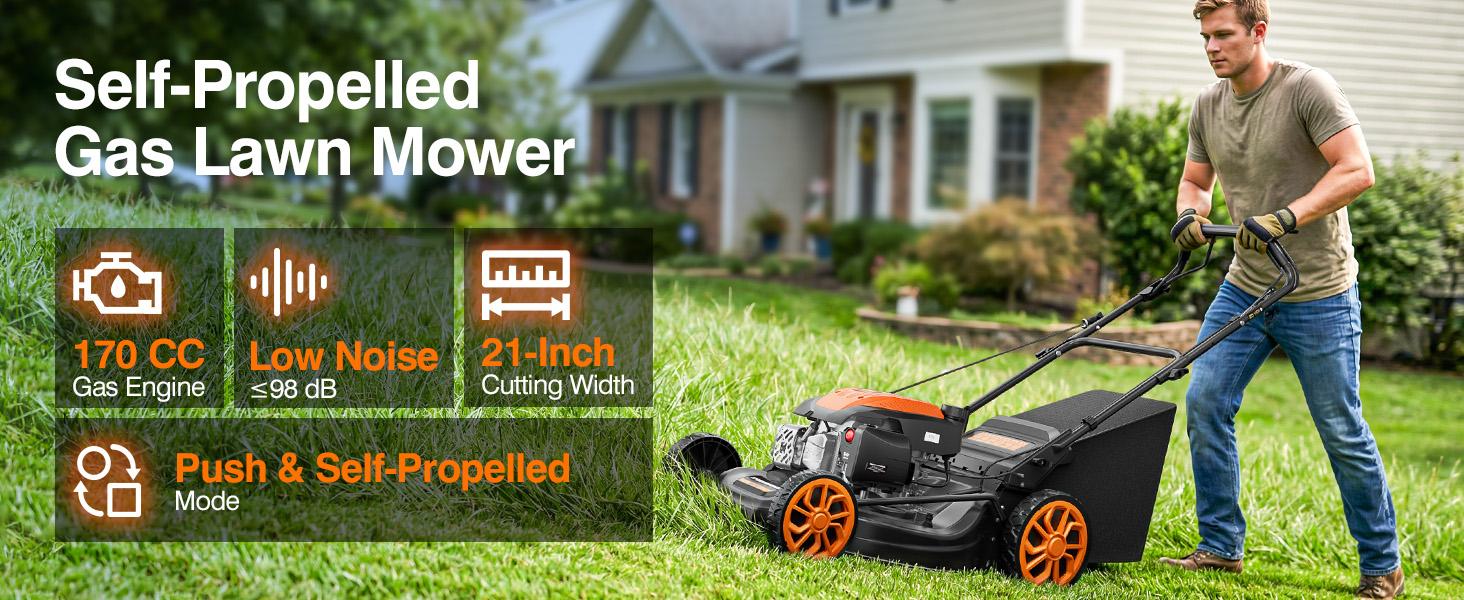 【Father's Day Gift】Efurden 21&rdquo; Self-Propelled Gas Lawn Mower, 170CC 4-in-1 Mulch/Rear Bag/Side Discharge/Rear Discharge, Walk-Behind Lawnmower with 7-Position Cutting Height, Foldable Gas Lawn Mowers for Yard Garden
