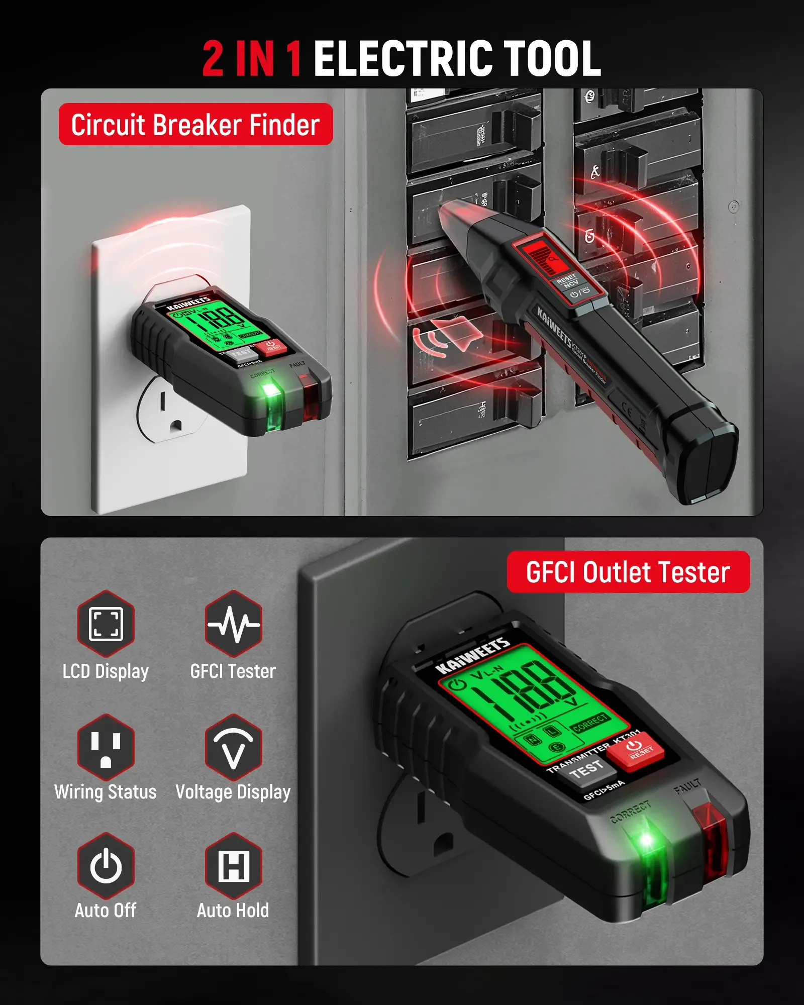 Juego de herramientas KAIWEETS para localizar disyuntores de CA con pantalla LCD